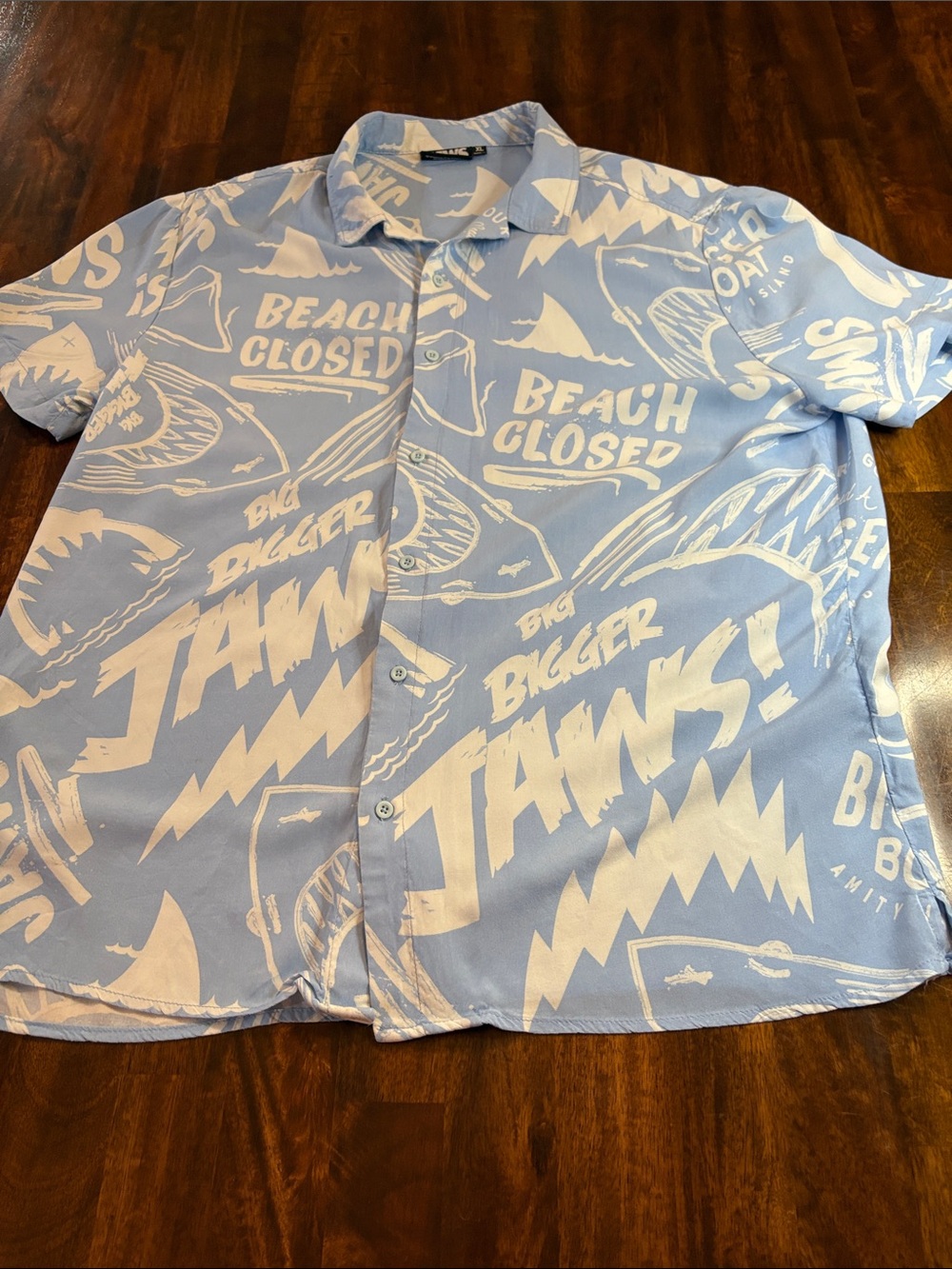 Jaws Light Blue & White Graphic Short-Sleeve Shirt - Beach Closed Design